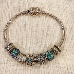 Pandora Silver Bracelet with Green and Blue Charms